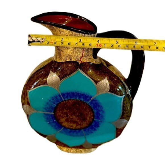 Mexican Cabo San Lucas Clay Pottery‎ Floral Turquoise Pattern Pitcher By Domingo - Picture 12 of 12